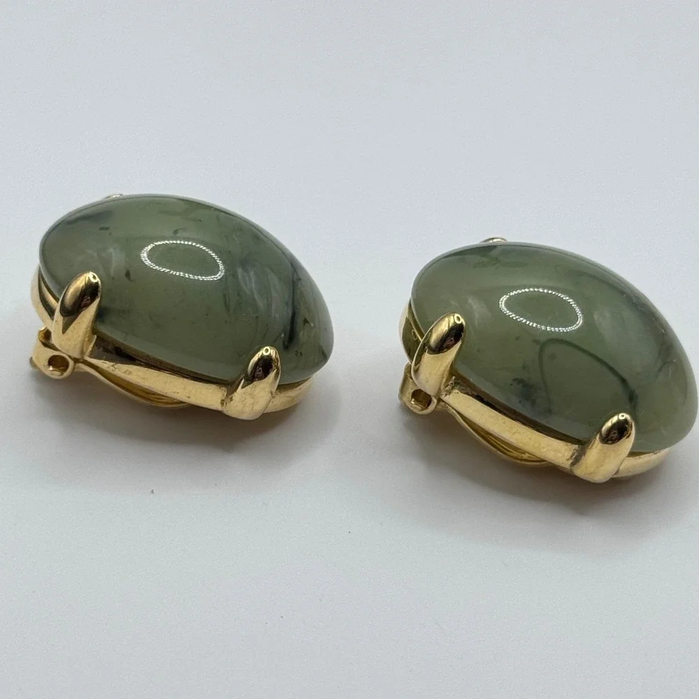 Joan Rivers Earrings Green Acrylic Cabochon Gold Tone Clip On